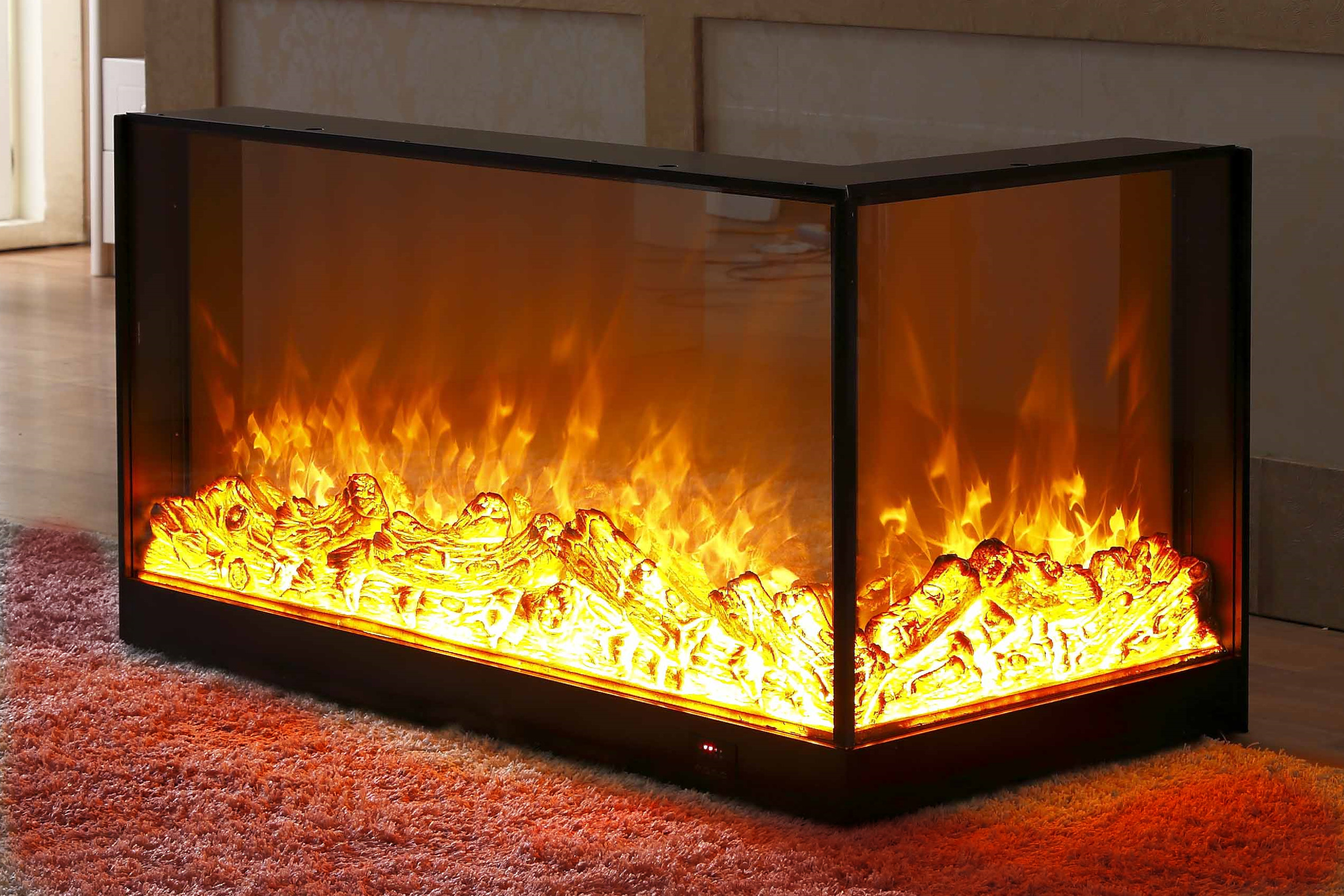 Front view of corner electric fireplace